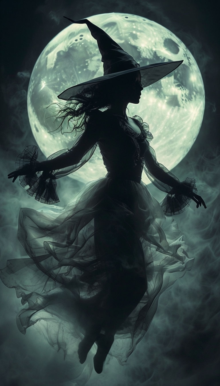 Mystical Witch Silhouette Against Full Moon Art