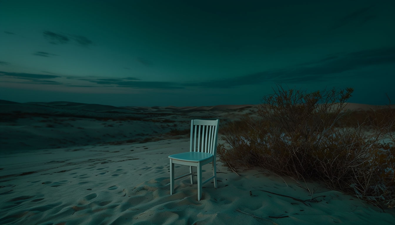 Serene Desert Twilight with White Wooden Chair Virtual Background