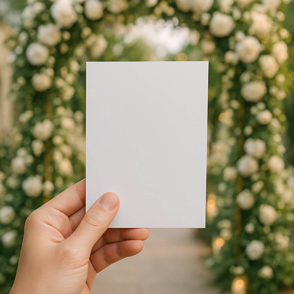Elegant Hand Holding Blank White Paper in Floral Archway Mockup