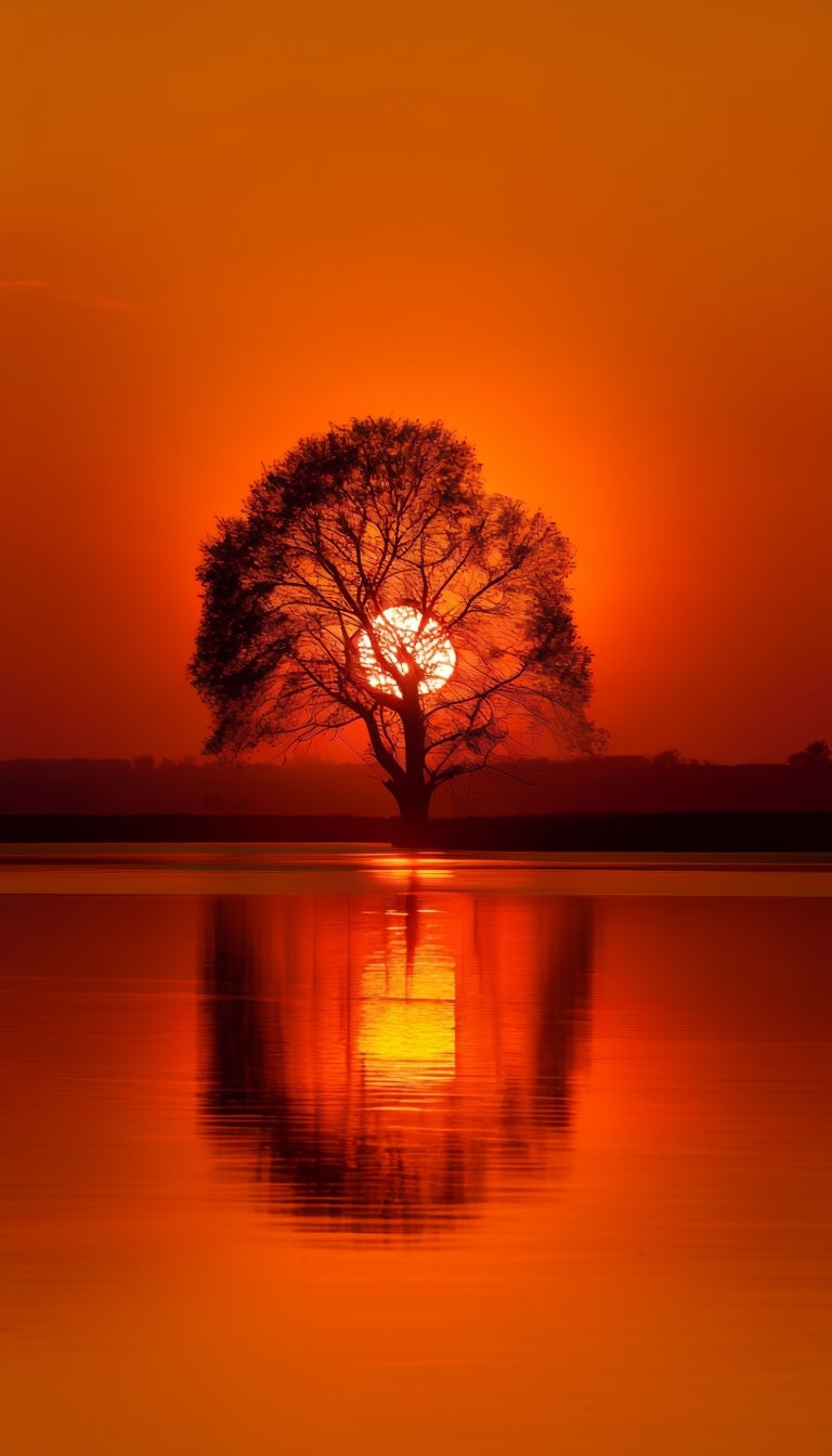 Serene Sunset with Silhouetted Tree Reflection Mobile Wallpaper