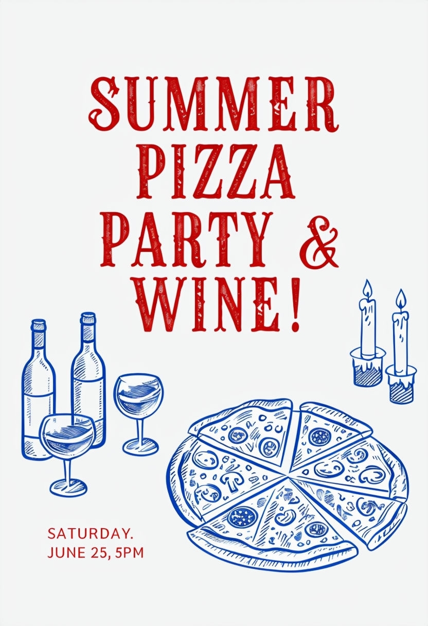 Minimalist Summer Pizza Party and Wine Invitation Poster