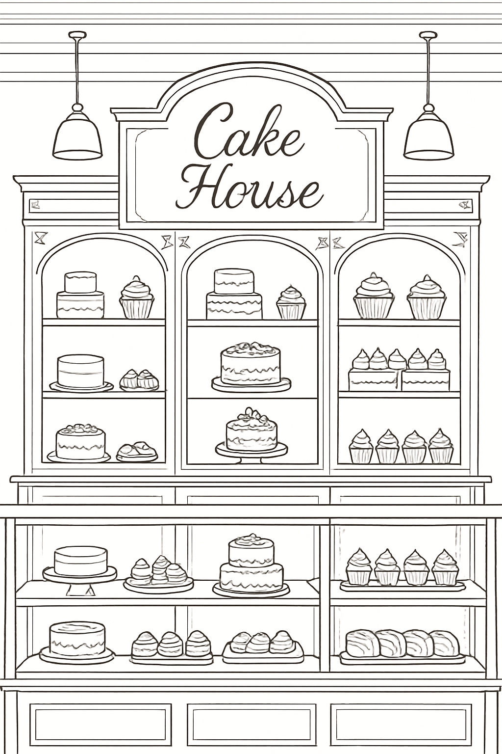 Elegant Bakery Display Case with Cake House Sign Coloring Book Pages