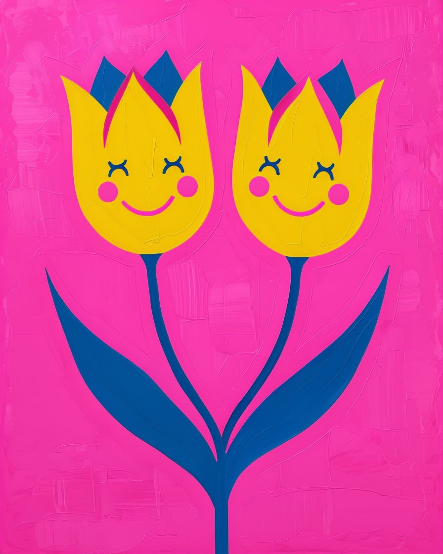 Cheerful Anthropomorphic Tulip Flowers Painting Poster