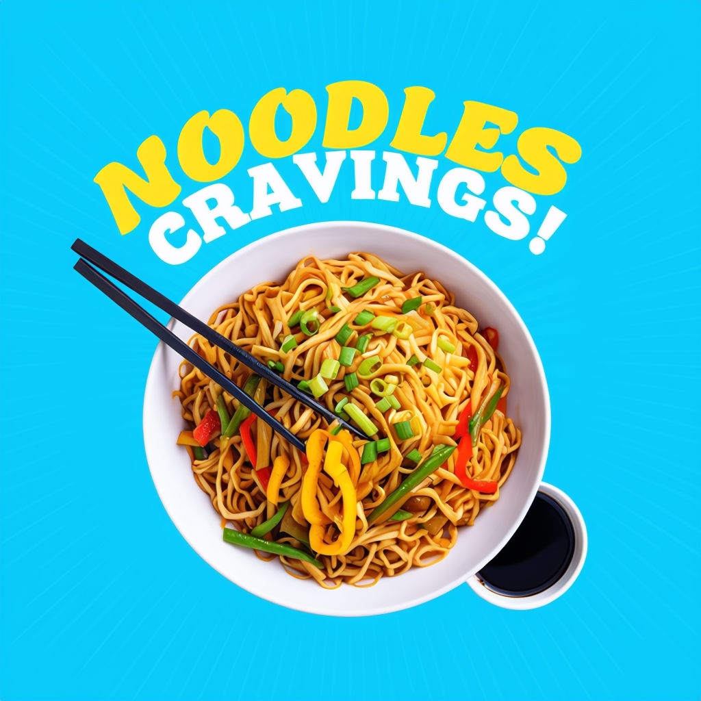 Vibrant Noodles Cravings Bowl with Colorful Toppings Social Media Post