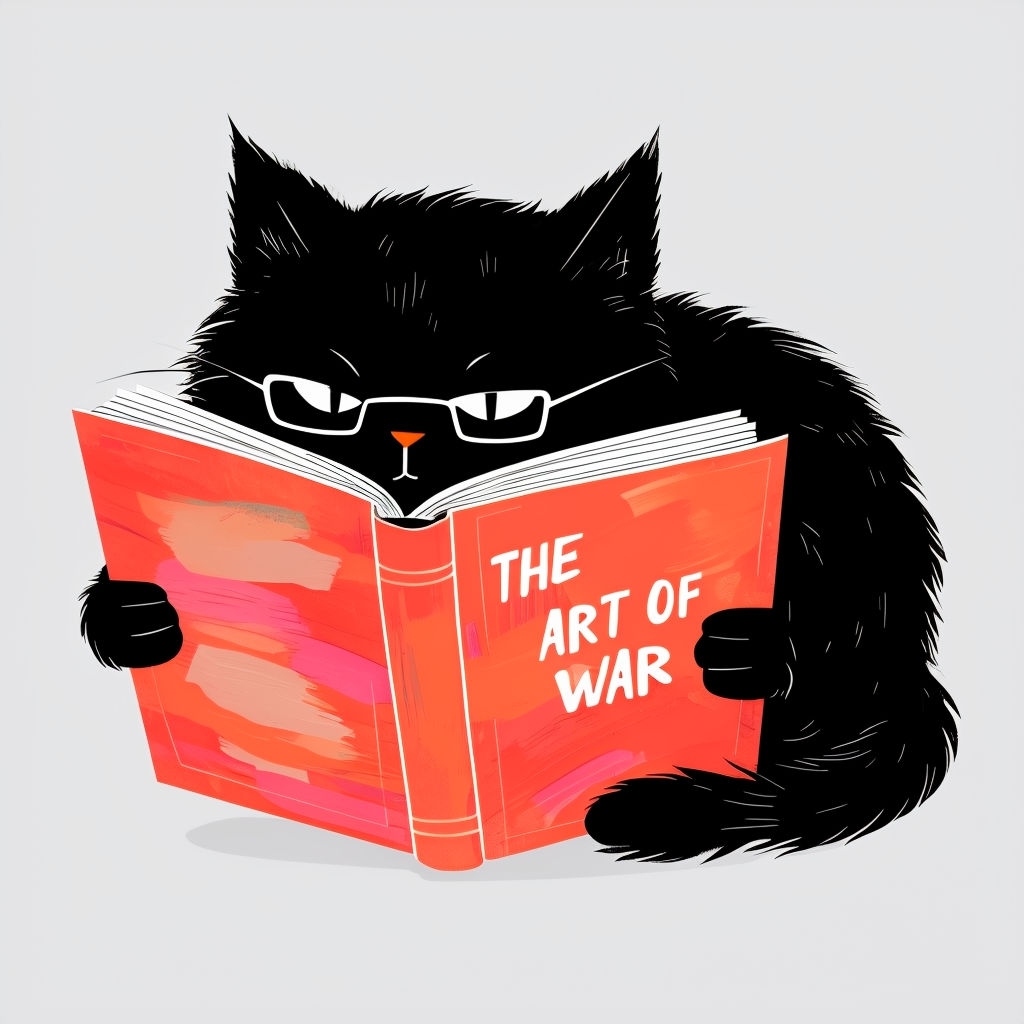 Whimsical Black Cat Reading The Art of War T-Shirt