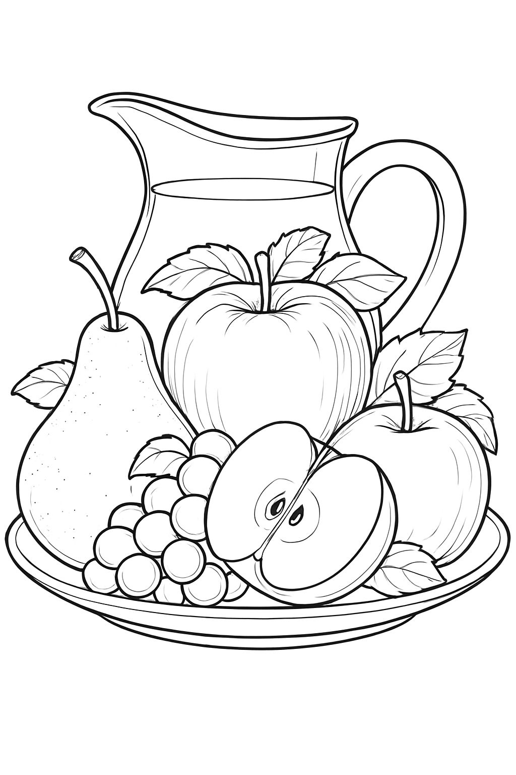 Black and White Line Drawing of Still Life Fruits Coloring Book Pages
