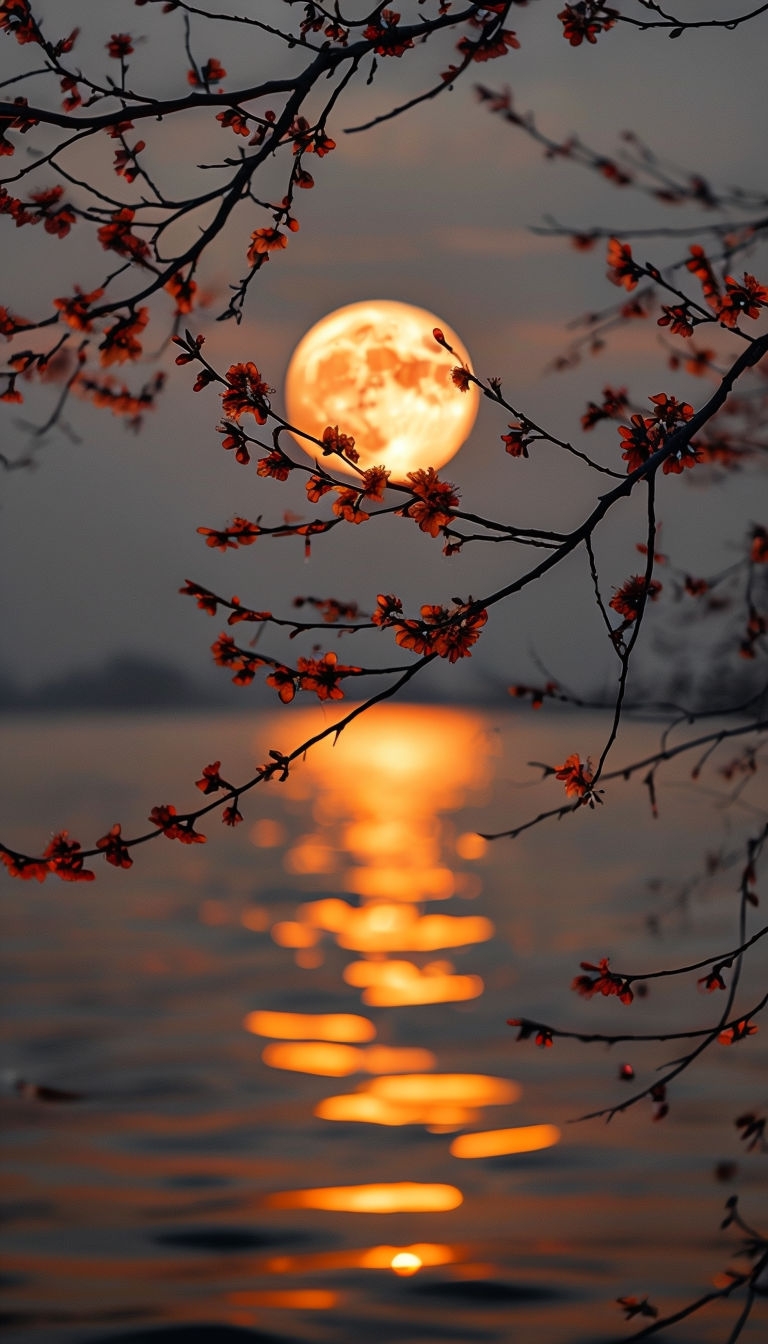 Serene Sunset Moonrise Over Calm Water Nature Art Poster