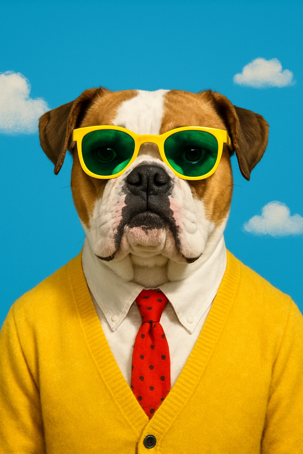 Stylish English Bulldog Portrait in Sunglasses and Formal Attire Art