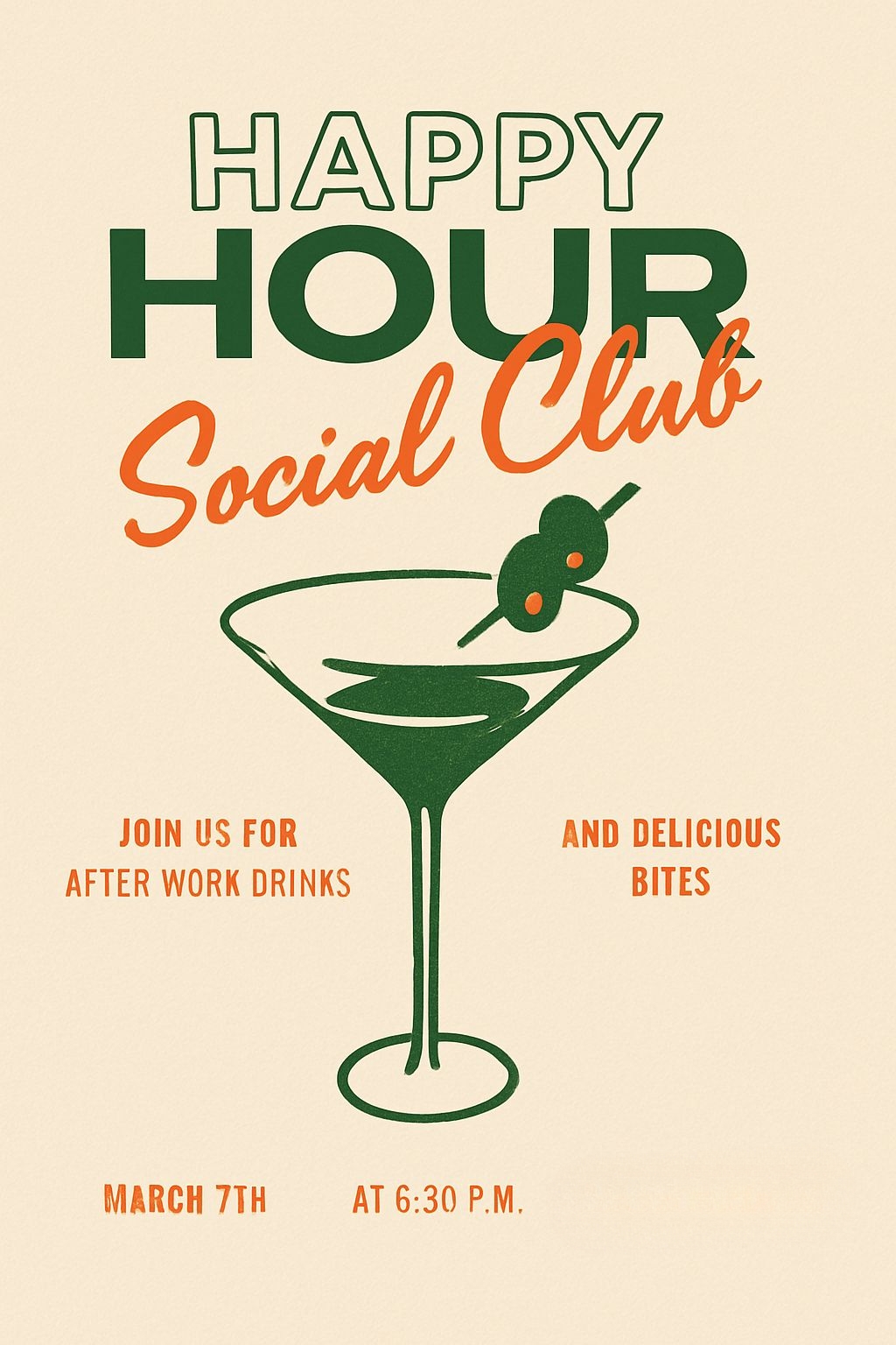 Retro Happy Hour Martini Promotional Poster for Social Club Invite