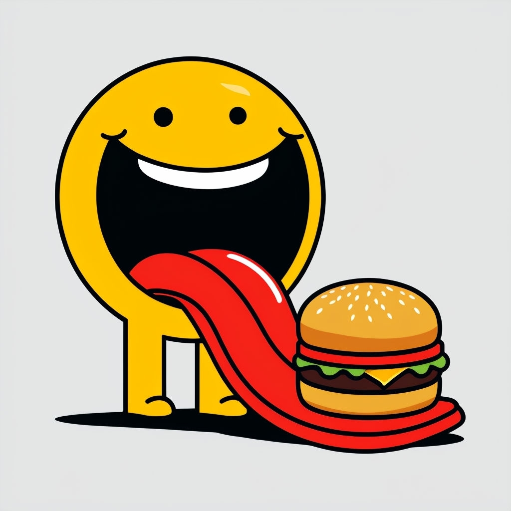 Playful Yellow Smiley Face with Burger Cartoon Mug