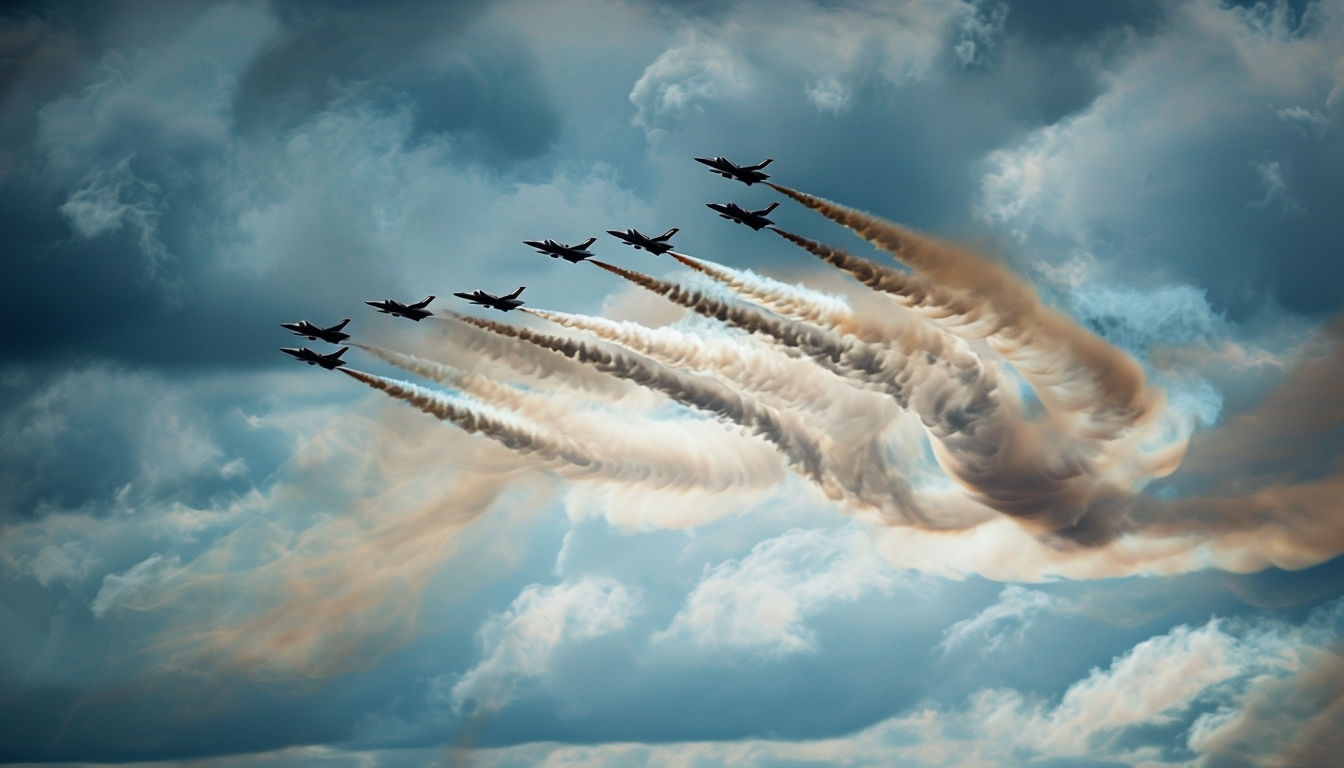 Synchronized Aircraft Formation Flyby with Dramatic Smoke Trails Virtual Background