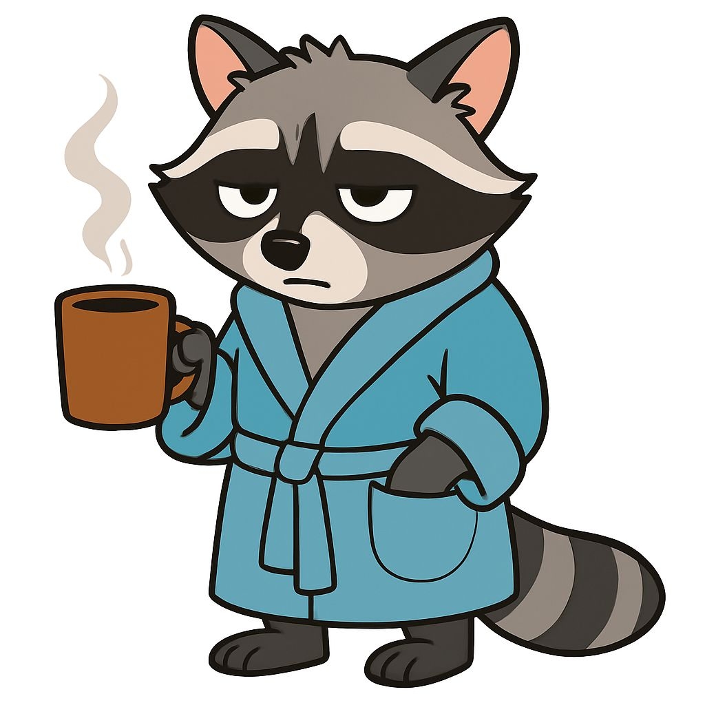 Grumpy Raccoon in Blue Bathrobe with Coffee Cartoon Sticker