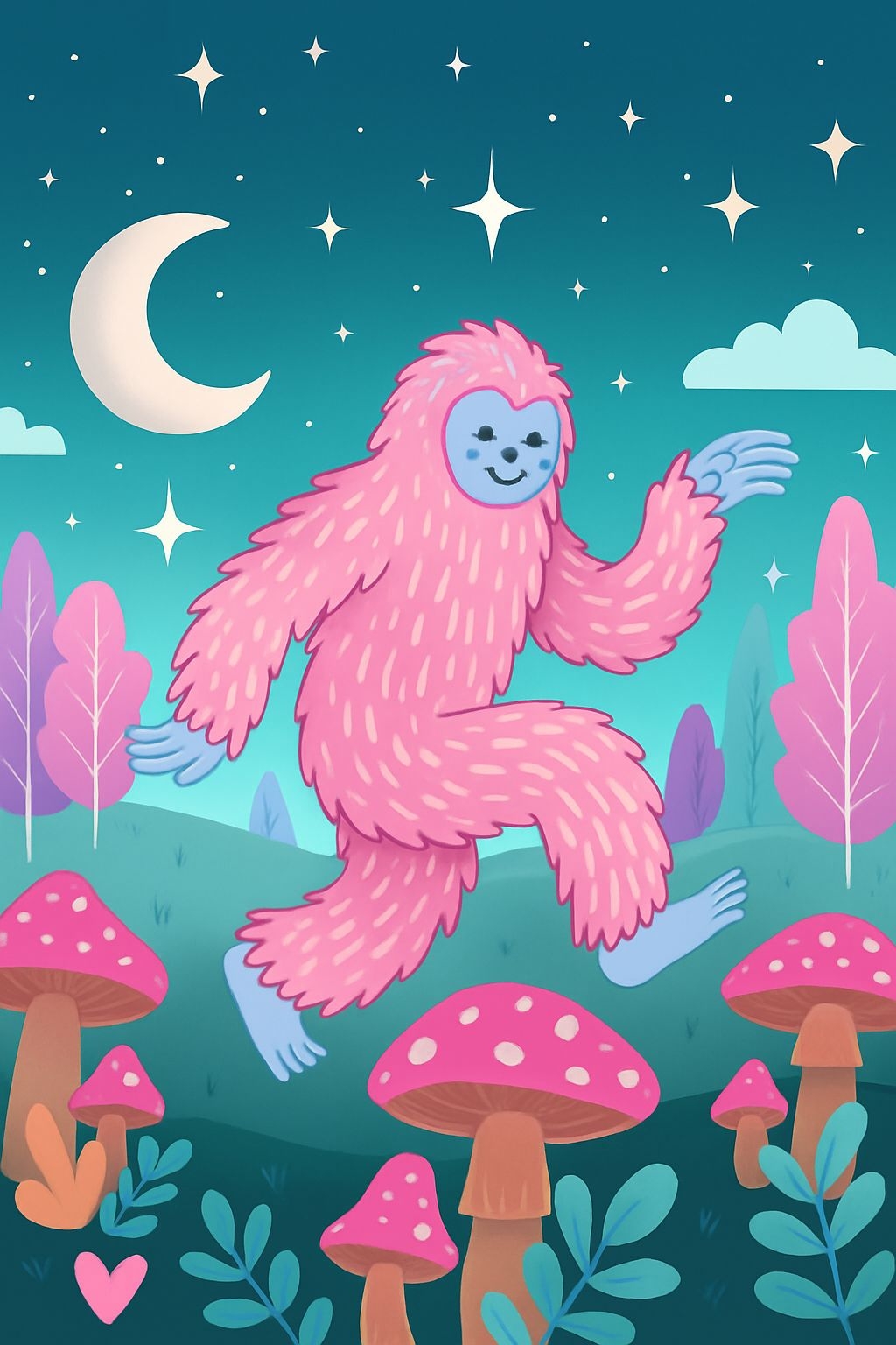 Whimsical Sasquatch Creature in Magical Nighttime Landscape Art