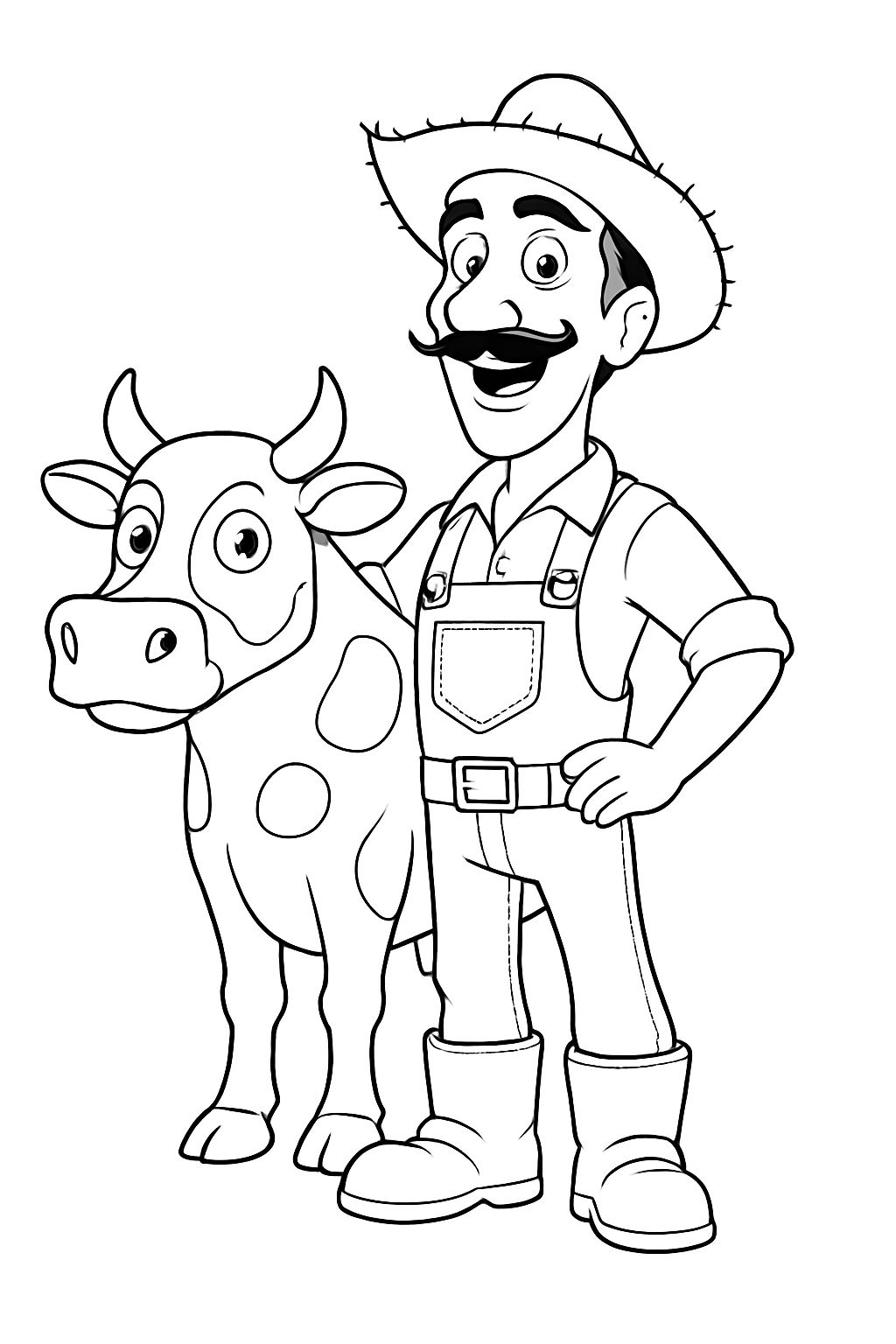 Cheerful Cartoon Farmer and Cow Line Art for Coloring Book Pages