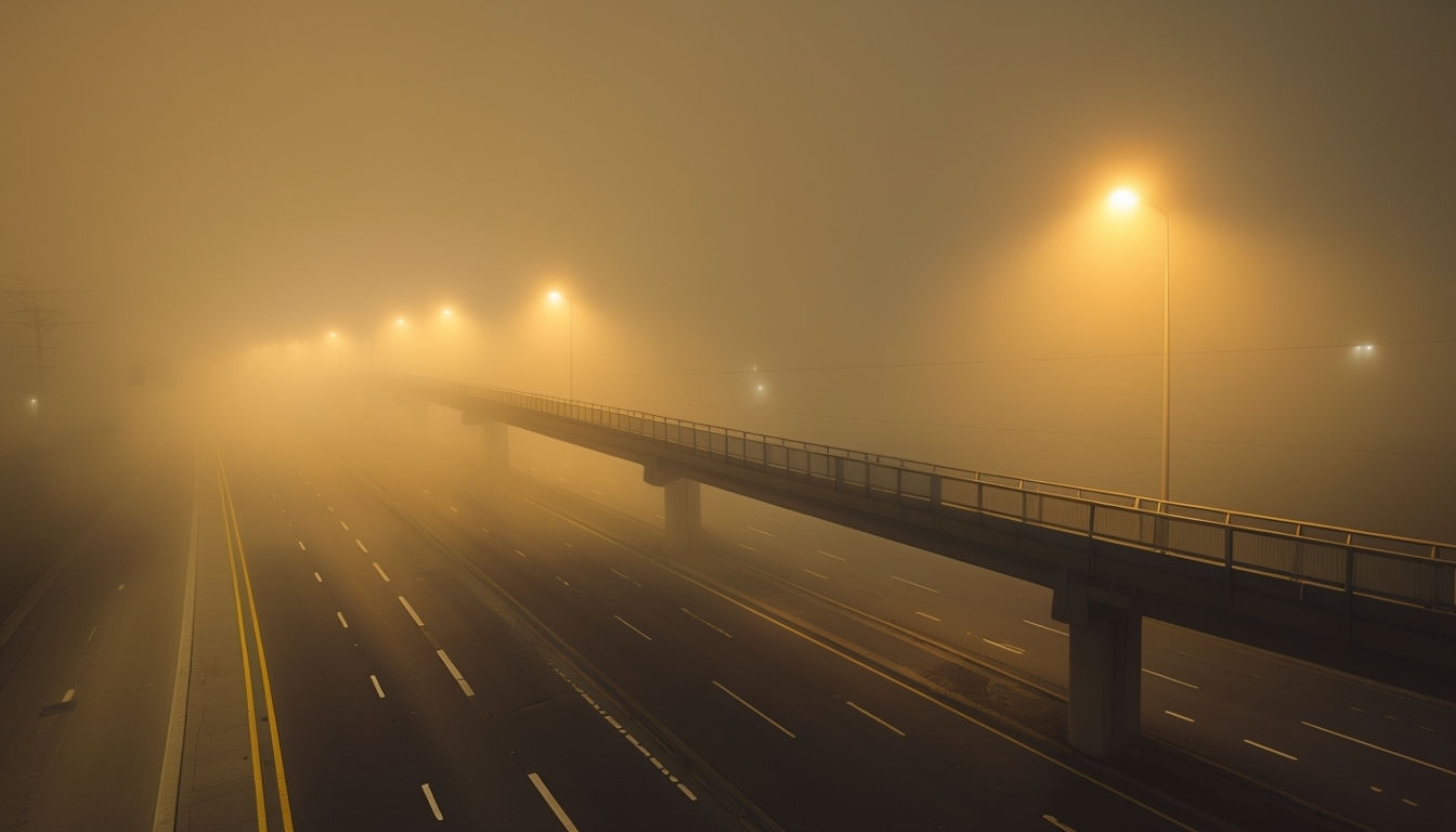Eerie Nighttime Pedestrian Walkway Over Foggy Highway Virtual Backgrounds