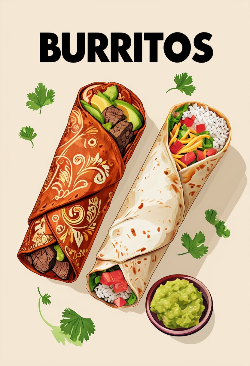 Vibrant Burritos Illustration with Guacamole Art