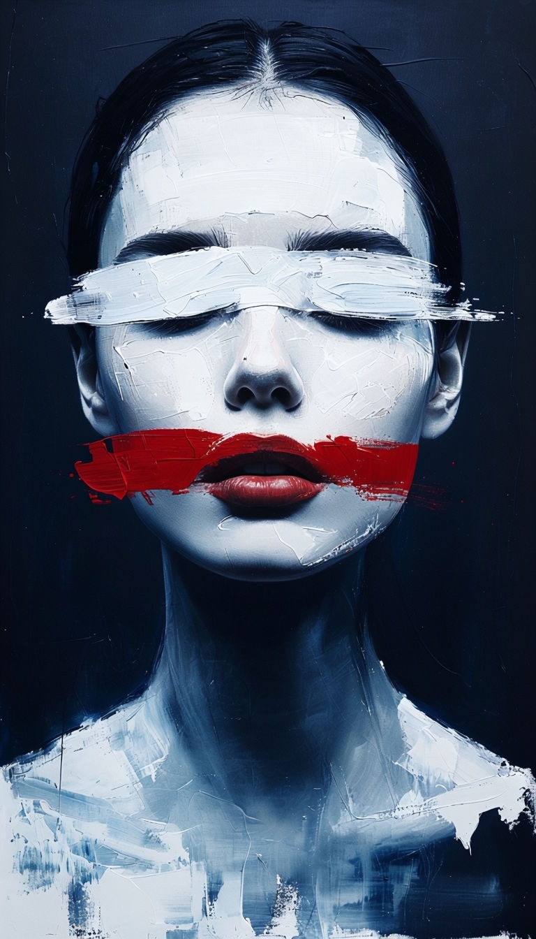 Surrealistic Woman's Face in Red and White Abstract Art