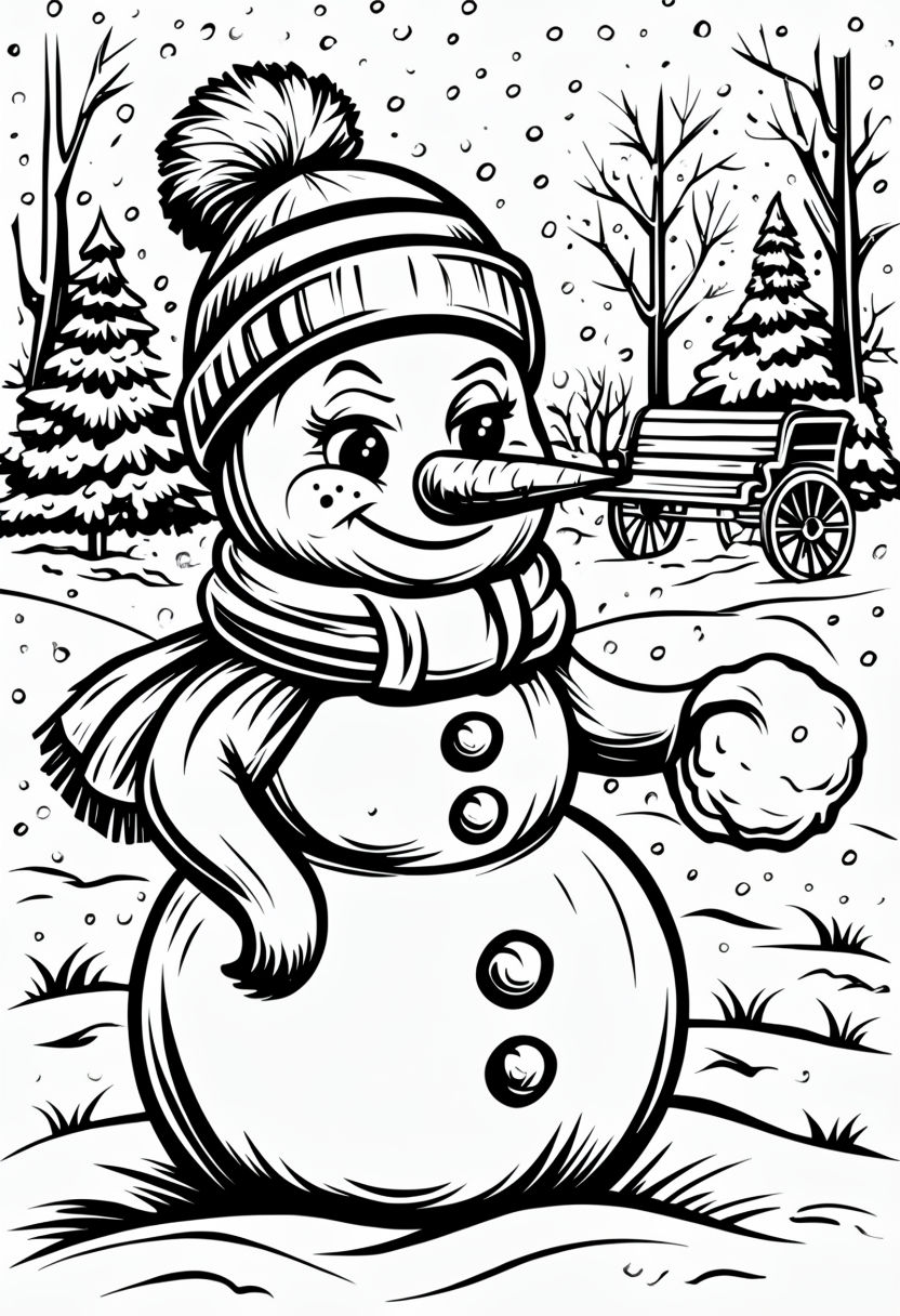 Cheerful Snowman in Winter Scene Coloring Book Page