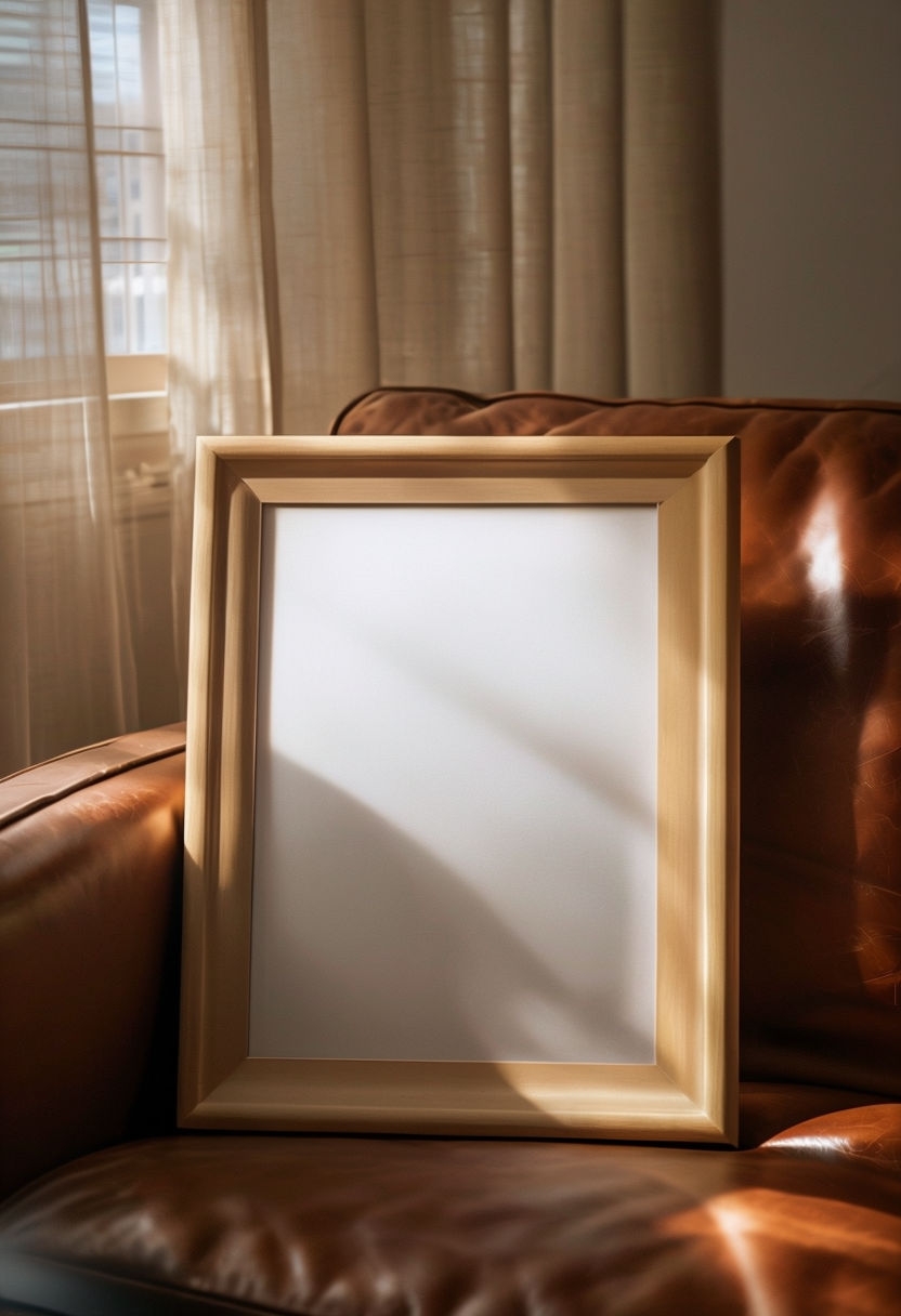 Elegant Light Brown Frame Against Cozy Leather Couch Mockup