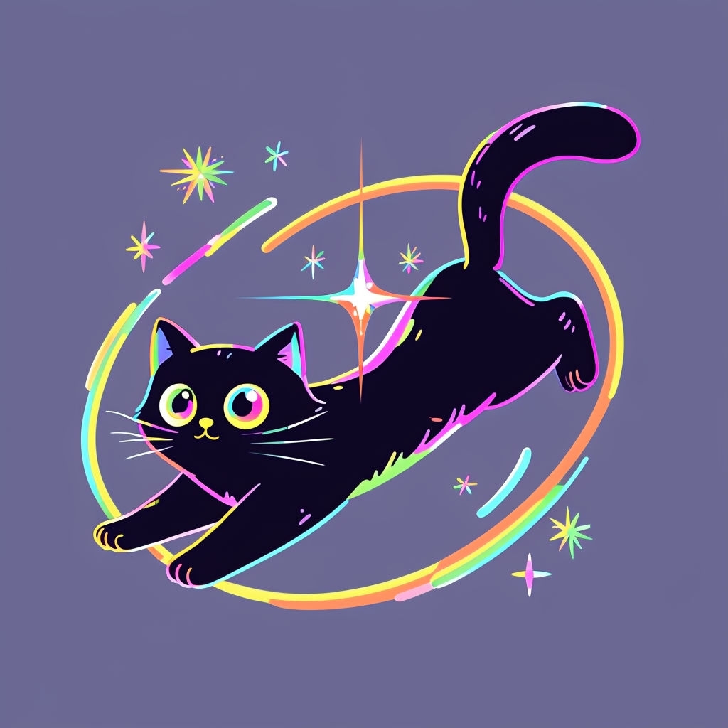 Whimsical Neon Cat Illustration with Sparkling Stars Art