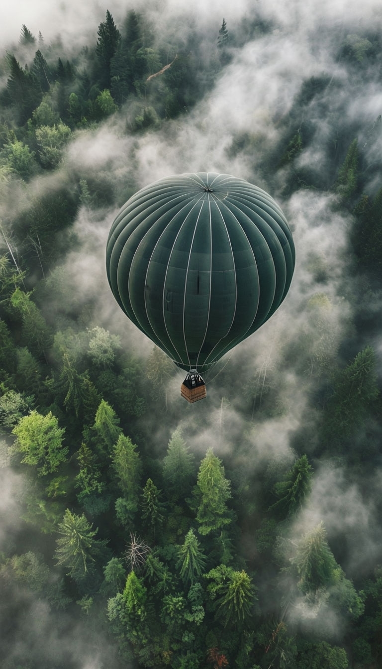 Serene Green Hot Air Balloon Over Misty Forest Mobile Wallpaper