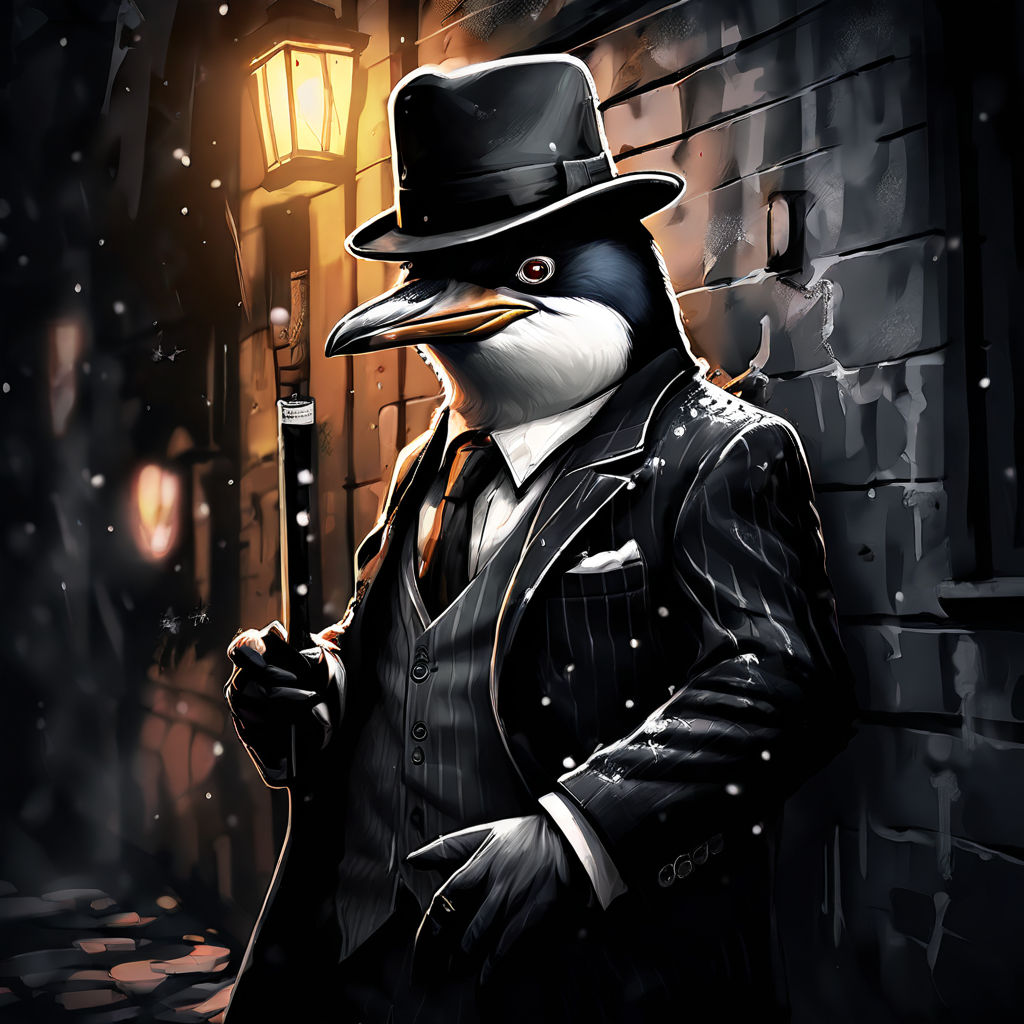 Gangster penguin leaning against a graffiti-laden alley wall by john ...