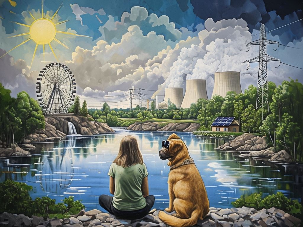 Woman And Dog Overlooking Serene Lake With Industrial Background