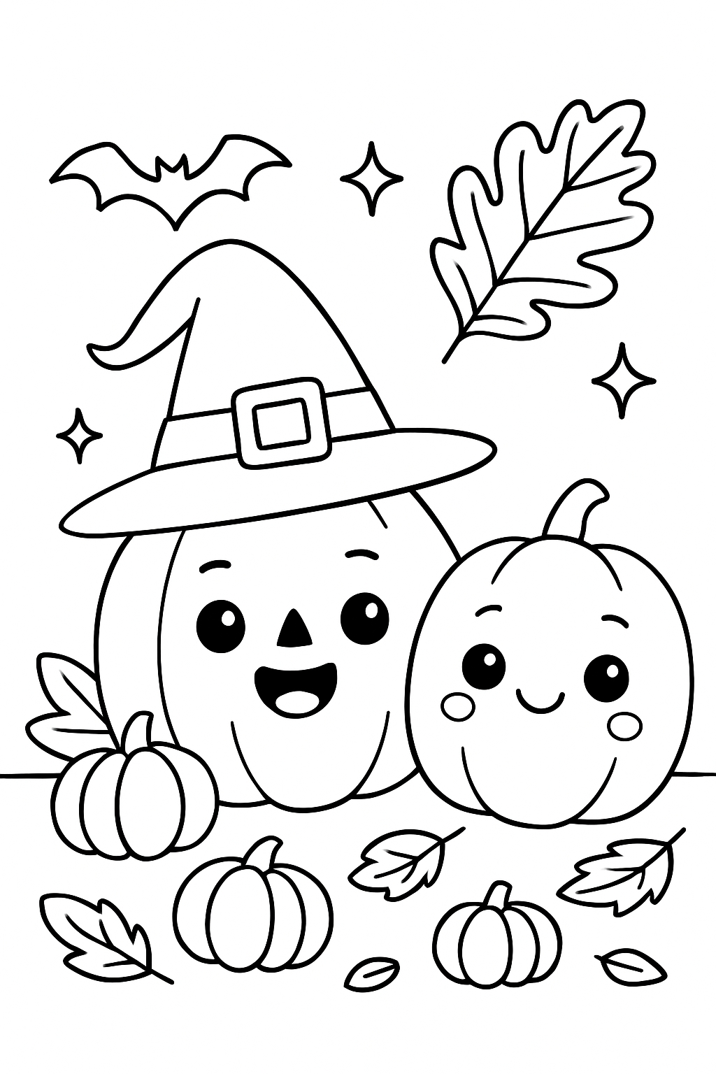 Cheerful Cartoon Pumpkins and Halloween Friends Coloring Page