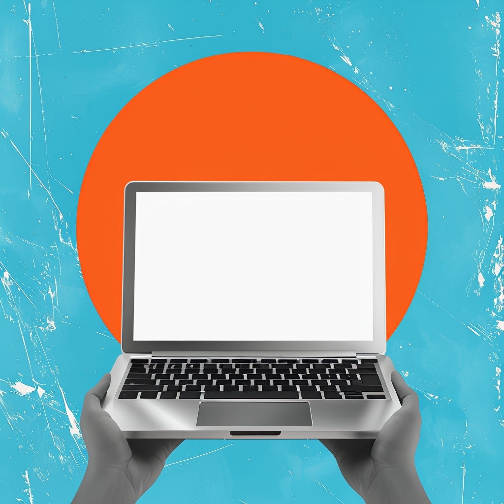 Minimalist Hands Holding Silver Laptop with Orange Background Social Media Post