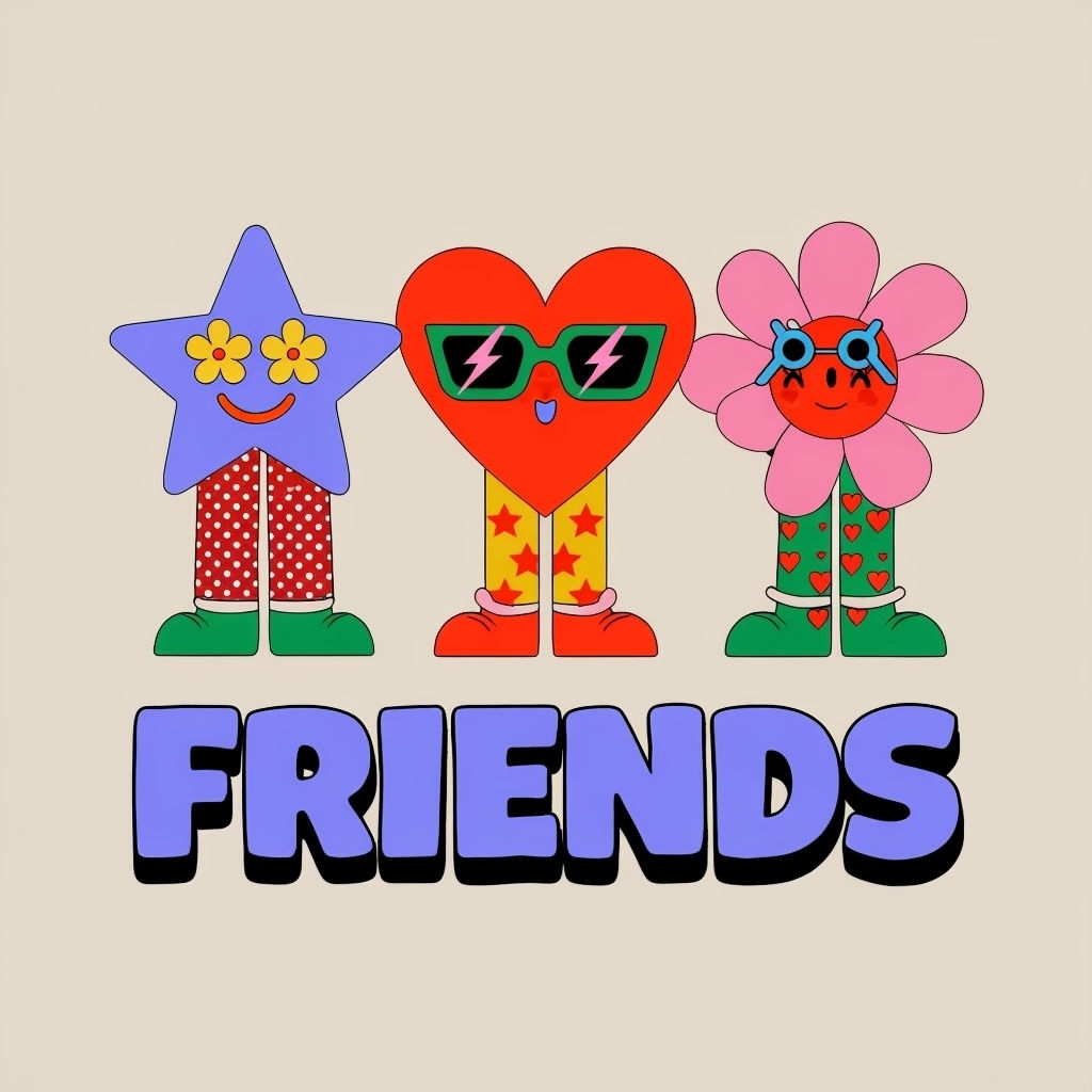 Whimsical Cartoon Friends Star Heart Flower Illustration Poster