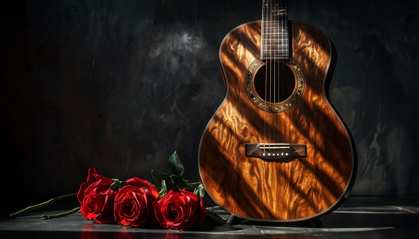 Romantic Acoustic Guitar with Red Roses Virtual Background