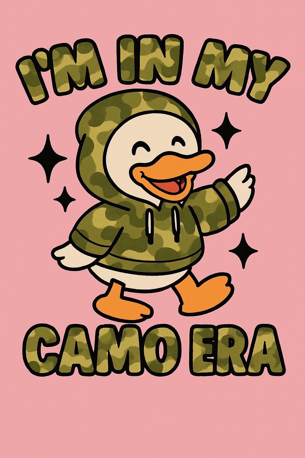 Cheerful Cartoon Duck in Camo Hoodie T-Shirt