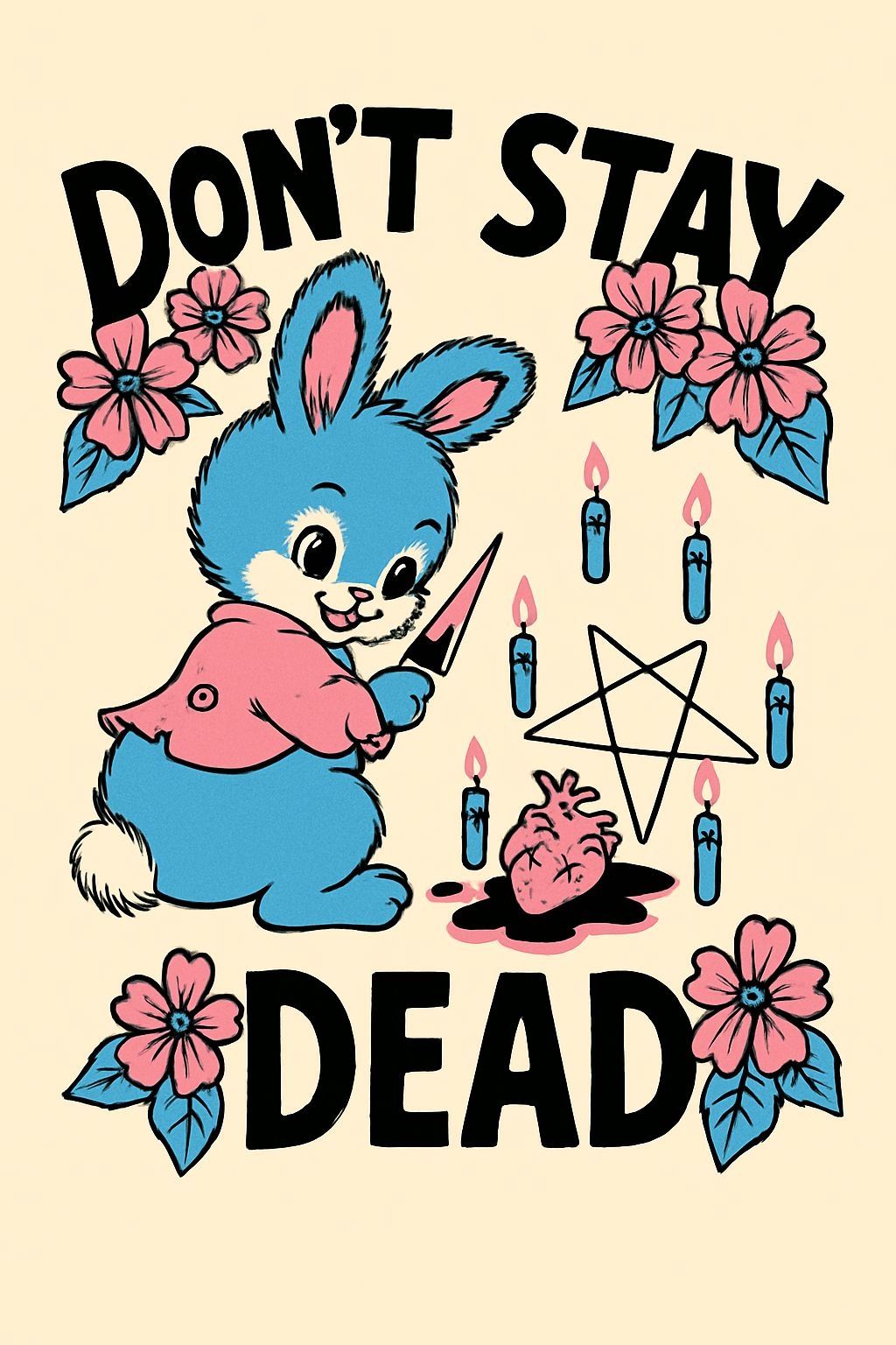 Whimsical Blue Bunny Holding Knife with Heart and Candles Poster