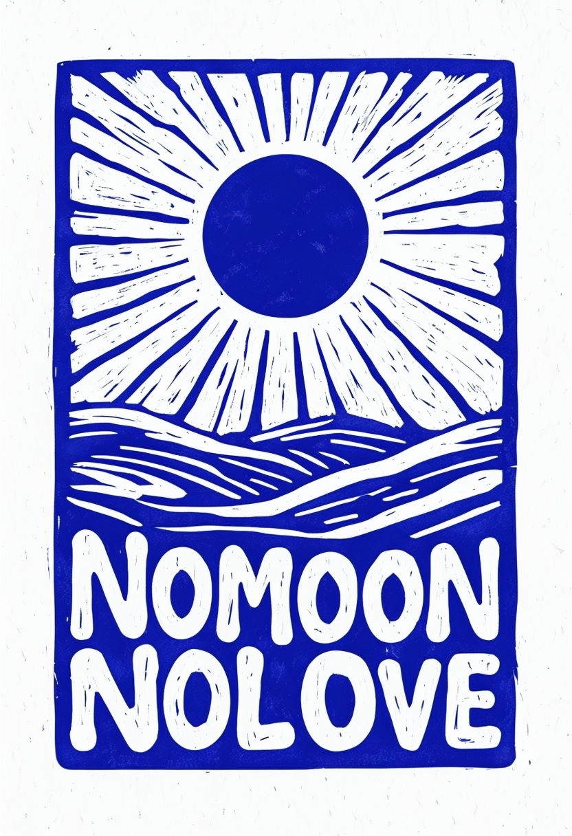 Vibrant Cobalt Blue Full Moon Linocut Style Poster Design