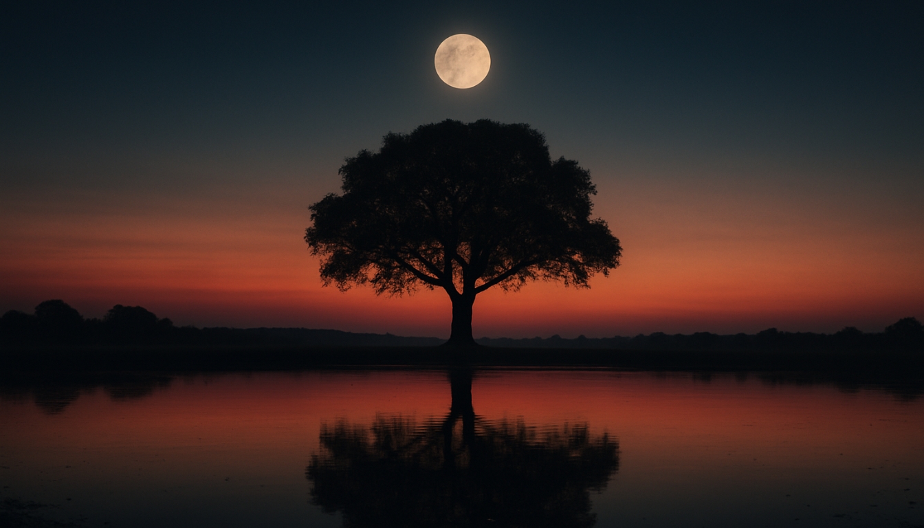 Serene Twilight Landscape with Lone Tree and Full Moon Background