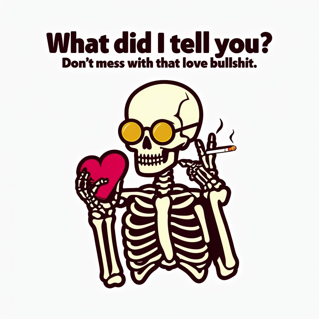 Humorous Cartoon Skeleton with Heart and Cigarette Sticker