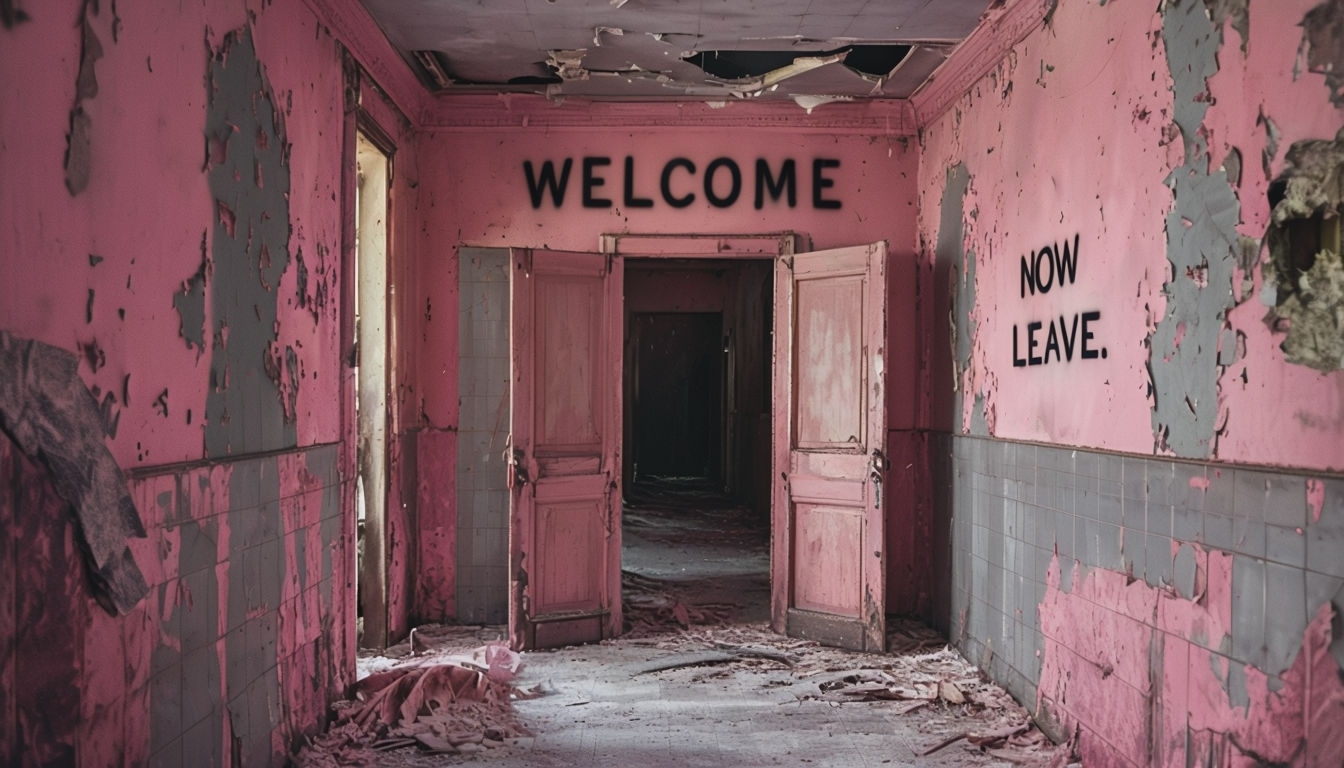 Eerie Abandoned Pink Hallway with Shadowy Depth Virtual Background