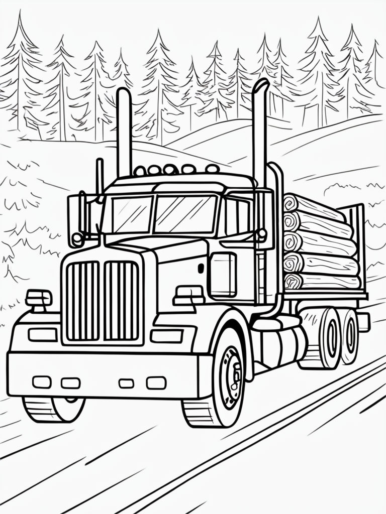 Detailed Black and White 18-Wheeler Truck in Forest Coloring Book Pages