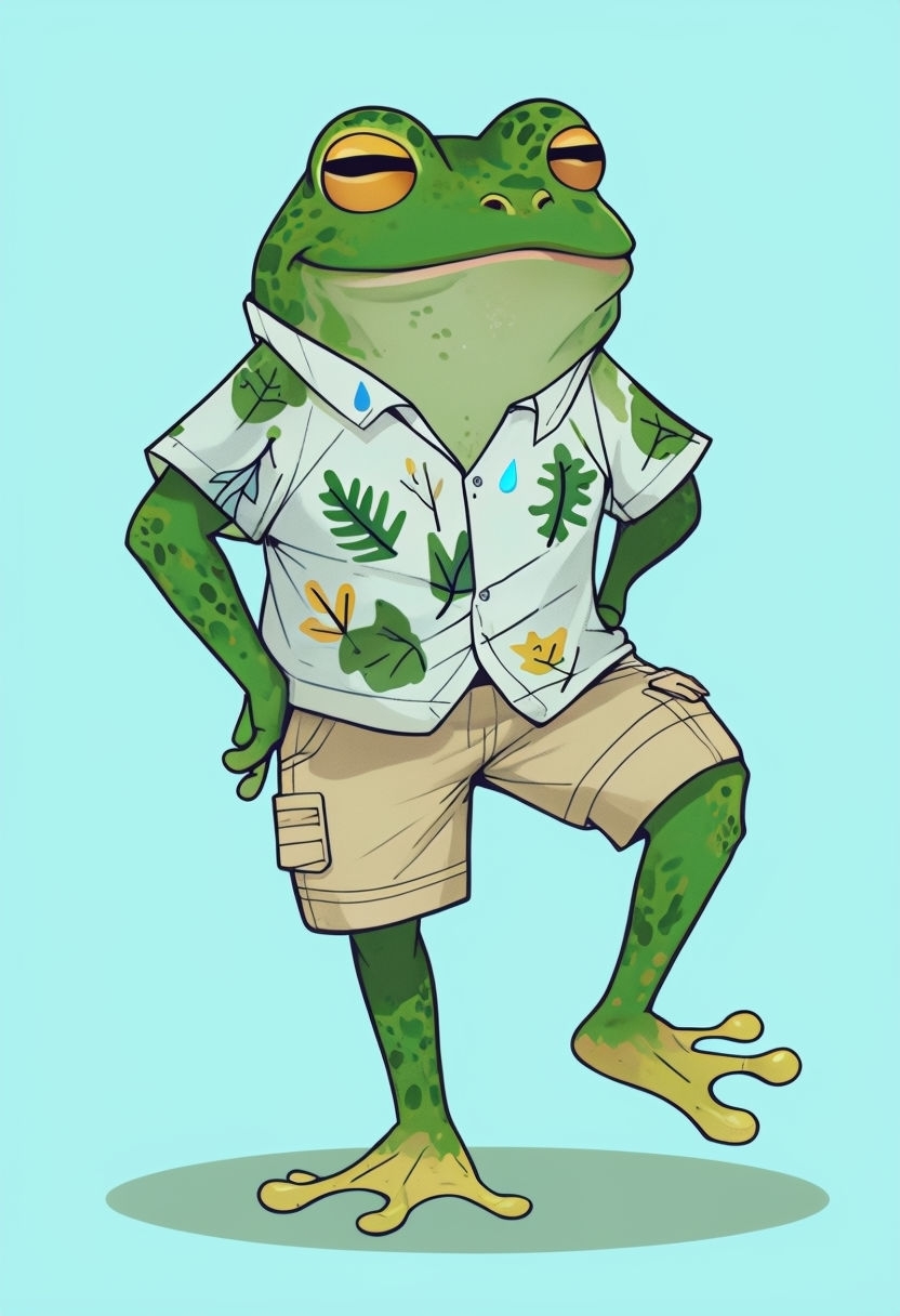 Playful Cartoon Frog Character in Leafy Shirt Art