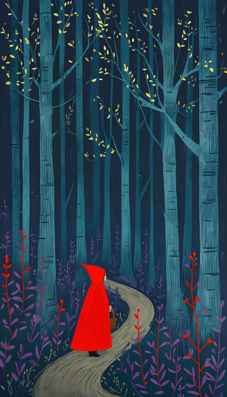 Whimsical Forest Scene with Red Riding Hood Mobile Wallpaper