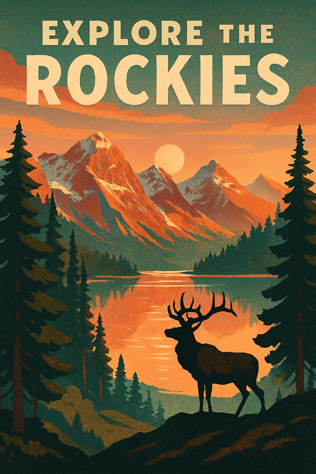 Vintage Travel Poster of the Rocky Mountains with Elk Silhouette