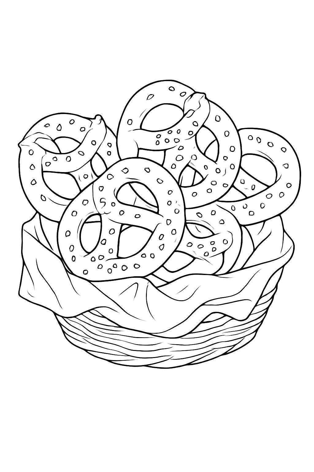 Basket of Pretzels Black and White Line Drawing Coloring Book Page