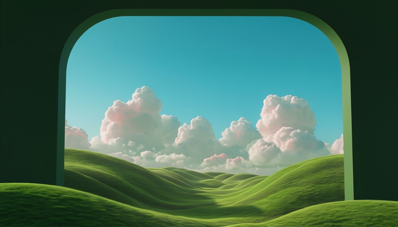 Surreal Landscape Through Archway with Rolling Green Hills Virtual Backgrounds