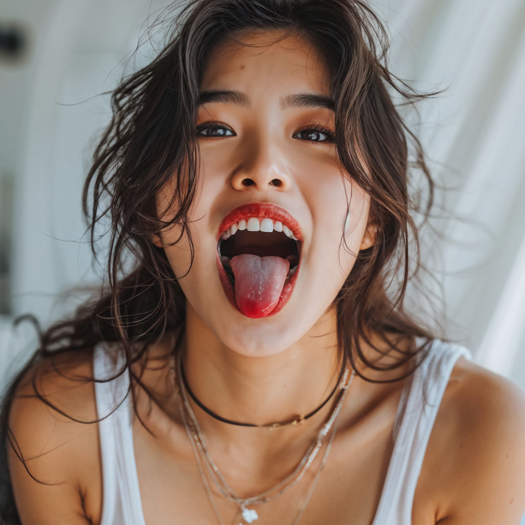 sexy asian female with blue eyes sticking tongue out ina sexy way