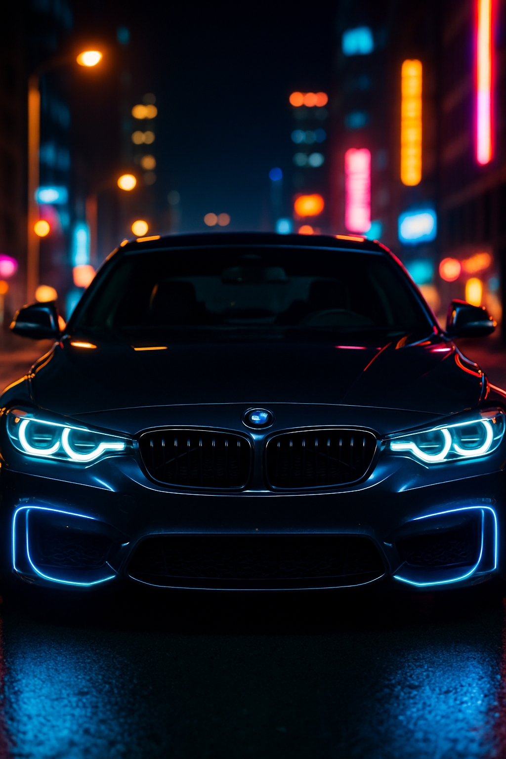 Sleek BMW Car Night Photography with Urban Neon Lights Mobile Wallpaper