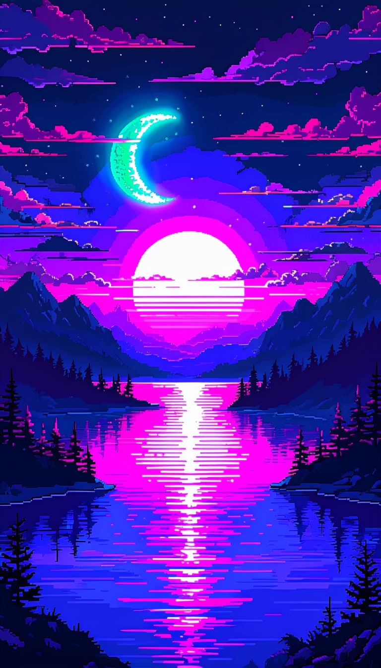 Vibrant Pixel Art Sunset Landscape with Neon Hues Wallpaper