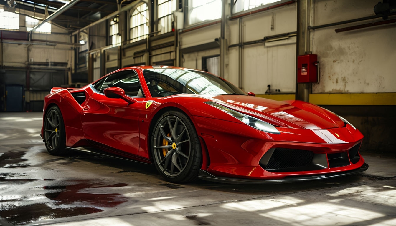 Vibrant Red Sports Car in Industrial Garage Virtual Background