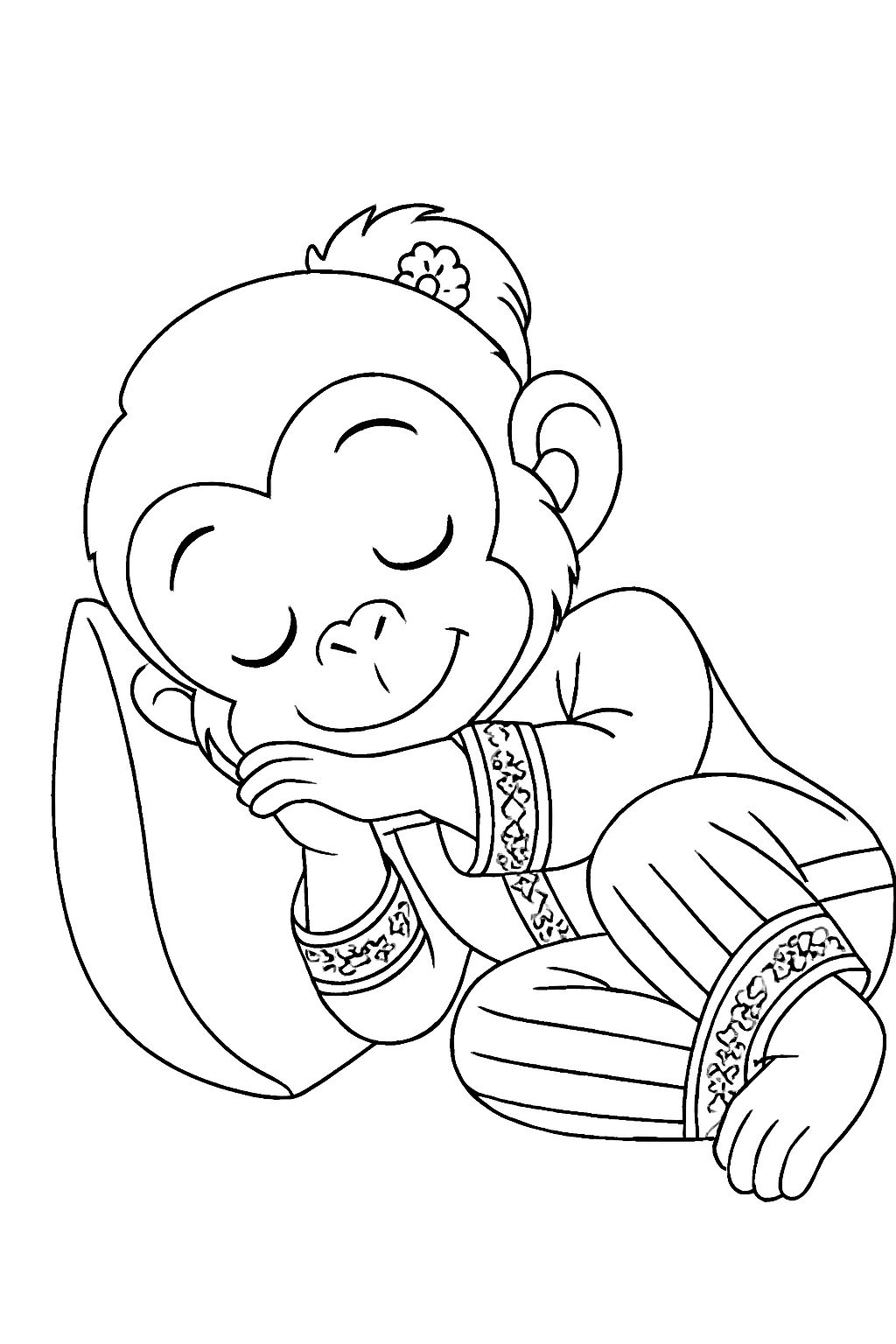 Sleeping Cartoon Monkey in Cozy Pajamas Coloring Book Page
