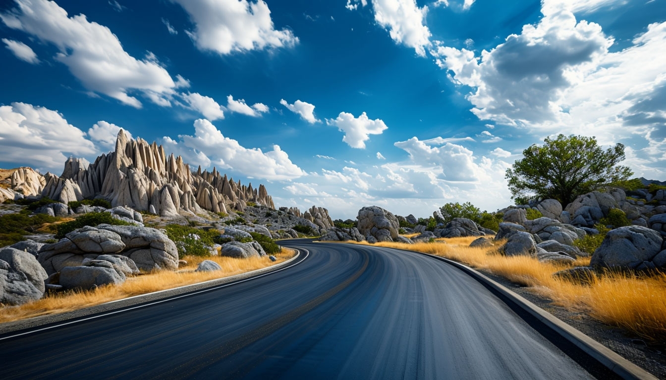 Serene Rugged Landscape with Asphalt Road and Blue Sky Virtual Backgrounds