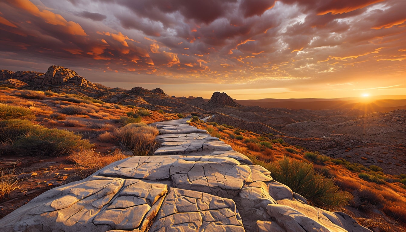 Tranquil Sunset Landscape with Winding Rocky Path Background